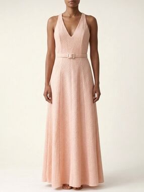 Belle Badgley Mischka Peach Textured Belted Gown V-Neck Formal Wedding 4